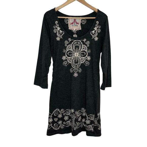 Johnny Was Dresses & Skirts - Johnny Was Ruched T Shirt Dress Womens Large Gray Floral Embroidered Cotton